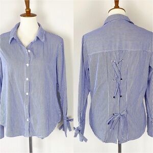 Sanctuary Tie Lace Top Pinstriped Blue Size S